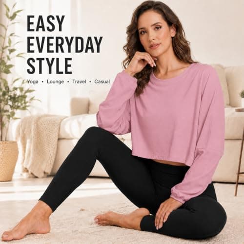 MATEAM Womens Cropped Sweatshirt Loose Fit Workout Tops - Crewneck Pullover Long Sleeve Casual Fashion Sweaters for Yoga Gym Fitness Pink XL - Thumbnail 4