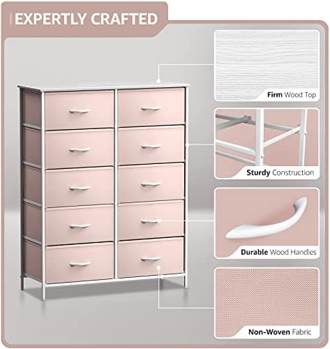 Sorbus Kids Dresser with 10 Drawers - Storage Unit Organizer Chest for Clothes - Bedroom, Kids Room, Nursery, & Closet (Pink, 34 x 12 x 47-10 Drawer) - Thumbnail 4