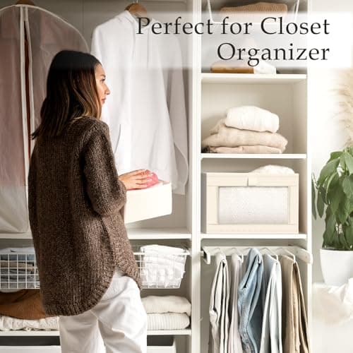Criusia Closet Organizers and Storage, 4 Pack Linen Closet Baskets with Mesh Window for Organization, Foldable Closet Organizer for Clothing, Towels, Toys, Nursery, Books, Shelves, Beige - Thumbnail 6