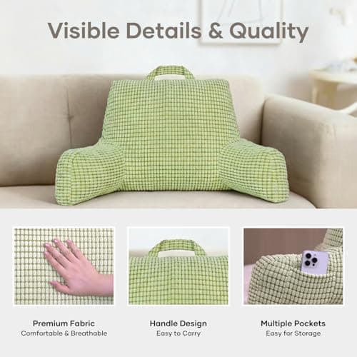 NOONTIDE Reading Pillow with Top Handle,Uniquely Designed Soft Fabric, Ergonomic Back Support for Bed,Cover Washable Sit up Pillow,Watching TV/Gaming/Relaxing(Green) - Thumbnail 4