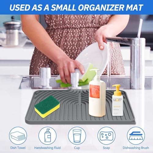 Silicone Sponge Holder for Kitchen Sink With Drain Spout, Self Draining, Kitchen Soap Tray, Bathroom Organizer, Sink Caddy, Perfect for Dispenser, Scrubber, Bottle, Cup on Counter (Gray, 15×10) - Thumbnail 6