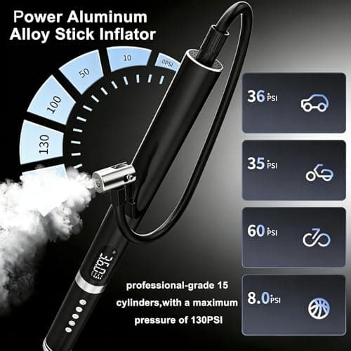 BGPRECISE Aluminum Stick Tire Inflator Portable Air Compressor, Multi-Functional Cordless Bike Car Tires Air Pump with Window Breaker, LED Flashlight, Pressure Gauge for Auto, Motorcycles, Balls - Thumbnail 5