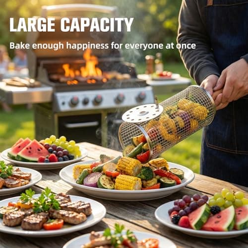 8-Piece BBQ Set,2 Rolling Grill Baskets for Effortless Flipping,Grilling Tools or Fish, Shrimp, Meat, Vegetables,Outdoor Camping Grilling Accessories Bundled with Oil Bottle, Forks,Cleaning Brush Ect - Thumbnail 6