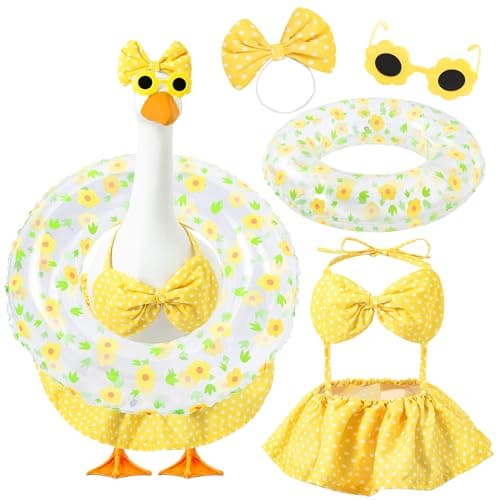 Batfsm Summer Porch Goose Outfit with Sunglasses and Swim Ring for 23" Goose Statue Hawaiian Bikini Goose Outfits Porch Goose Clothes Costume for Garden Lawn Yard Decor(Yellow DOTT)