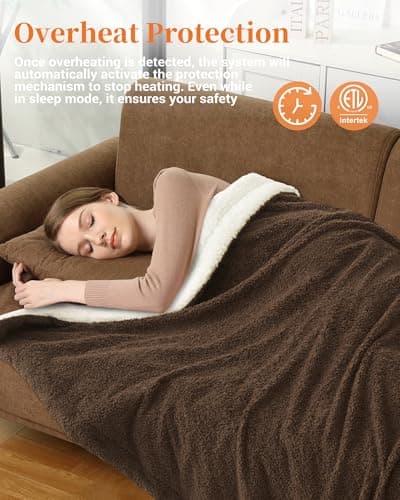 GarveeHome Electric Blanket Heated Throw, Heated Blanket Soft Double Sherpa Super Cozy with 4 Heating Levels & 4 Hours Auto Off, Overheat Protection, Machine Washable, ETL Certification, Brown 50"x60" - Thumbnail 6