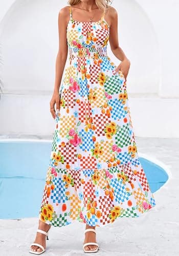BTFBM Summer Dresses for Women 2026 Sundresses Sleeveless Spaghetti Strap Boho Beach Vacation Outfits Spring Maxi Dress(Floral Plaid Multicolored, Medium) - Thumbnail 5