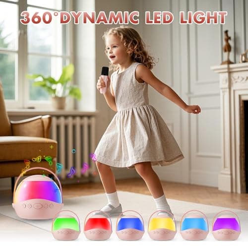 Mini Karaoke Machine Gifts for Kids Adults, Portable Karaoke Speaker with 2 Wireless Microphones, Kids Microphone with Speaker and LED Light, Birthday Gifts for Girls Boys 3-12+ Year Old (Pinkcolor) - Thumbnail 5