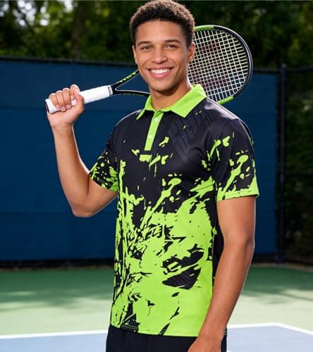 uideazone Mens Polo Shirt Slim Fit Fluorescent Green Black Golf Shirts Moisture Wicking Polos Summer Golf Short Sleeve M - Thumbnail 5