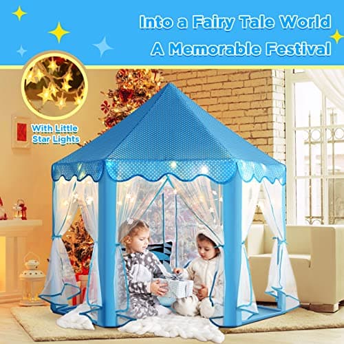 Monobeach Princess Castle Playhouse for Girls - Large Kids Tent with Star Lights for Indoor & Outdoor Play, 55'' x 53'' (DxH) (Blue Princess Tent with Little Star Lights) - Thumbnail 2