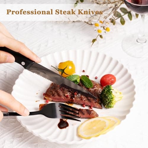 Astercook 24-Piece Black Silverware Set with Steak Knives Flatware Set for 4 Food-Grade Stainless Steel Cutlery Set Mirror Polished Utensils Set Include Spoons and Forks for Home Kitchen Restaurant - Thumbnail 5