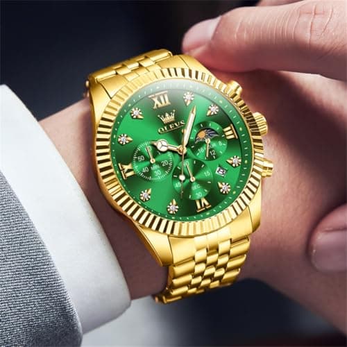 OLEVS Gold Watches for Men Luxury Dress Green Big Face Stainless Steel Analog Quartz Mens Watch Wrist Waterproof Fashion Chronograph Moon Phase Luminous Mens Watches Relojes para Hombres - Thumbnail 2