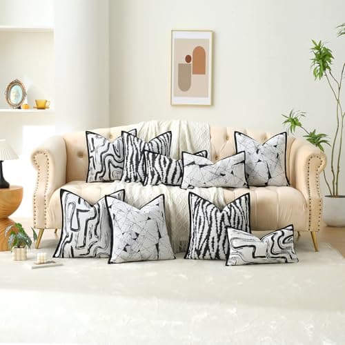 OLSUNOR Black and White Pillow Covers, 18x18 inch Textured Decorative Throw Pillow Covers w/Invisible Zipper & Velvet Flange Edge, Soft Chenille Jacquard Accent Pillow for Mother's Day, Home Decor - Thumbnail 3