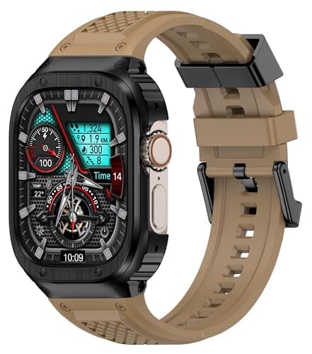 Deczone Band with Stainless Steel Case Compatible with Apple Watch Series Ultra 1 2 3 49mm Band, iwatch Bands Rugged Metal Protective Cover for Men (Tan) - Image 1