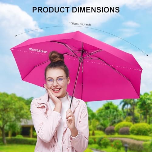 LEAGERA EAGERA Compact Travel Umbrella with Case - Mini Umbrella for Purse, Small Lightweight &Tiny Design Perfect for Parasol Outdoor Sun&Rain Umbrellas, Rose Red - Thumbnail 2
