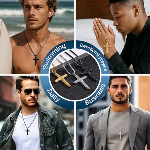 Stainless Steel Cross Necklace for Men, Silver Black gold plated Cross Pendant Jesus Necklace Chain, Non Tarnish Sturdy Mens Christian Jewelry Gifts for Him Baptism Confirmation Birthday, 24 Inch - Thumbnail 6