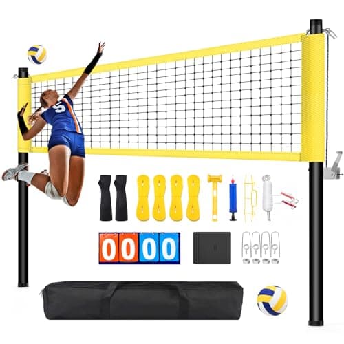 Professional Outdoor Volleyball Net Set with Arm Sleeves & Beach Fixed Plate, Heavy Duty 32-Ply Reinforced Net with Steel Anti-Sag Winch, Height-Adjustable Poles, Carry Bag for Backyard Beach Grass