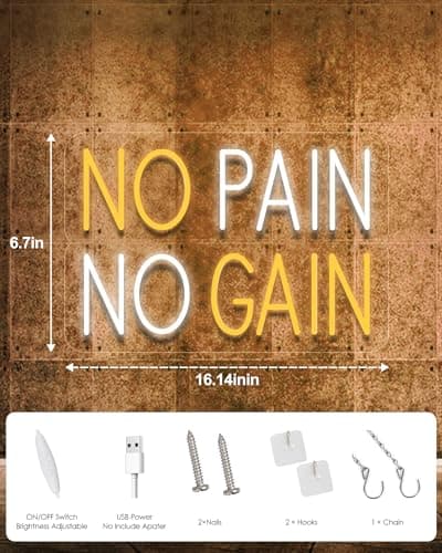 NO PAIN NO GAIN, Neon Sign for Wall Decor, LED Neon Lights Home Gym Decor, USB Powered Switch LED Signs, Motivational Wall Art for Man Cave, Office, Dorm, Yellow - Thumbnail 3