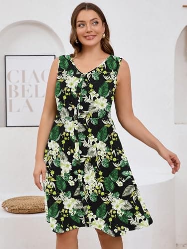 AusLook Plus Size Women Summer Dress Sleeveless V Neck Casual Cute Loose Sundress Black Yellow Lily 3X Comfy Swing Button Down Midi Work Flowy Tunic Ladies Beach Vacation Teacher Dresses with Pockets - Thumbnail 6