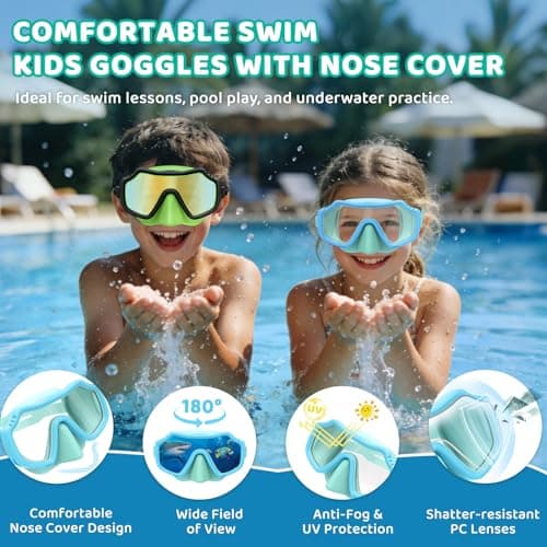 Vvinca 2 Pack Kids Swim Goggles with Nose Cover for Boys Girls 3-15, Anti Fog Diving Mask with Shatterproof Safety Lens for Toddler, Waterproof Swimming Goggles Value Set for Beach & Pool Beach - Thumbnail 4