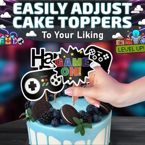 13Pcs Video Game Cake Topper - Cardboard Gamer Cake Decorations with Big & Small Toppers with Gamepad-Themed Design, Easy to Install - Colorful Video Game Birthday Decorations for Boys & Girls Parties - Thumbnail 5
