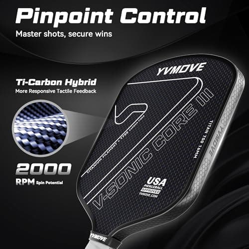 Pickleball Paddles for Advanced Players | Control & Power | Ti-Carbon Hybrid Face | V-Sonic III Kinetic Core 16MM | Large Sweet Spot | Mid-Weight | Extended Grip | USAPA (Black) - Thumbnail 2