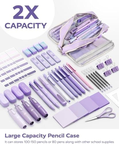 Four Candies Puple Pencil Case 3 Compartment Pouch, Large Pencil Case for School, Girls, Teen Boys, Women, Puple, Removable Handle & Zipper, Cute Pencil Bag for Office, College - Thumbnail 2