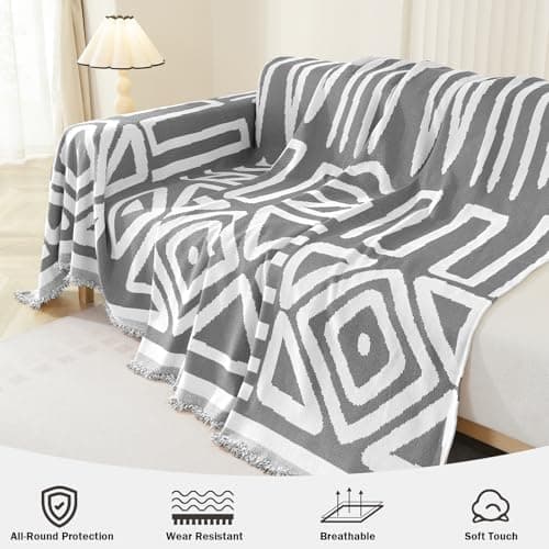 OstepDecor Boho Sectional Couch Covers 2 Pieces, L Shaped Sofa Cover, Chenille Couch Cover for Dogs Washable, Couch Cover Blanket, Sofa Slipcover for 2-3 Cushion Couch (71"x110"+71"x118", Dark Grey) - Thumbnail 2