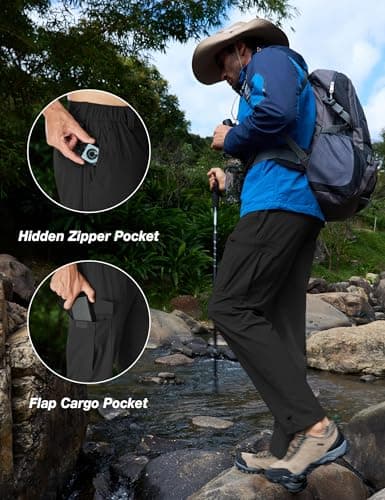 MOURCE Water Resistant Cargo Pants for Men - Lightweight Quick Dry Travel Pants for Camping Kayaking, Black - Thumbnail 4