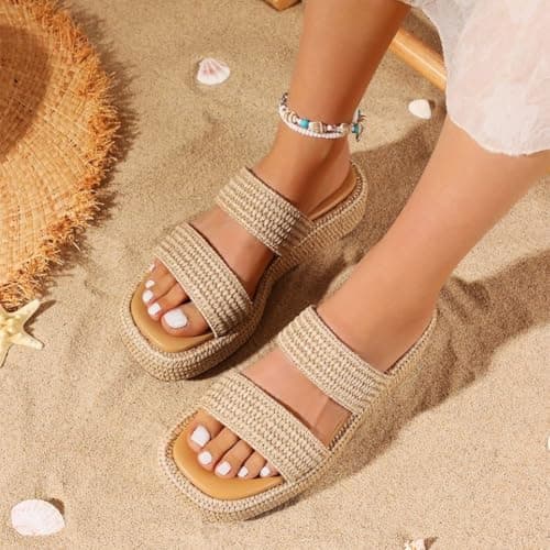 Erocalli Wedges For Women Raffia Platform Sandals Espadrille Summer Beach - Thumbnail 5