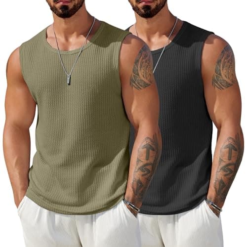 COOFANDY Basic Tank Top 2 Pack Mens Knitted Sleeveless T Shirt Breathable Beach Tank Tops Summer Regular-Fit S Black/Army Green - Image 1