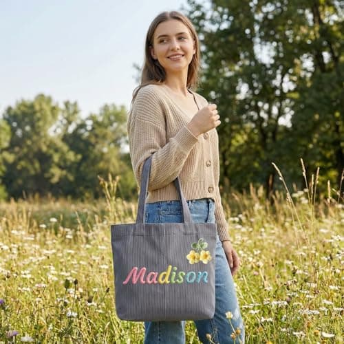 Personalized corduroy handbag, casual shoulder bag with custom name/letter patterns. Durable cotton travel bag, ideal gift for bridesmaids, teachers, and for Christmas, birthdays or honeymoons. - Thumbnail 5
