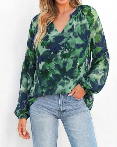 BTFBM Blouses for Women Dressy Casual Floral Summer Boho Tops V Neck Lightweight Long Sleeve Shirts Fall Clothes 2026(Print Green, XX-Large) - Thumbnail 5