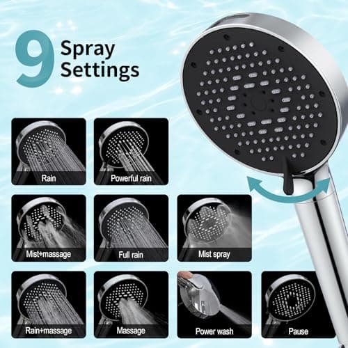 SR SUN RISE NSF Certified Filtered Shower Head with Handheld for Hard Water to Remove Chlorine High Pressure 9-Spray Setting (with Power Wash) Anti-Clog Nozzles (1 Filter, Chrome Silver) - Thumbnail 2