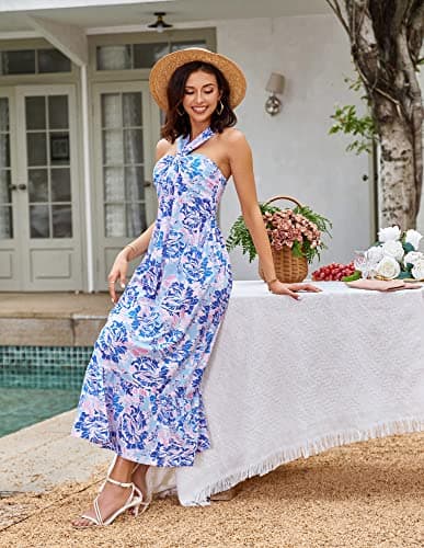 GRACE KARIN Womens Summer Floral Dresses 2026 Boho Maxi Dress Flowy Halter Sundress Casual Vacation Beach Clothes with Pocket Bluishviolet M - Thumbnail 5