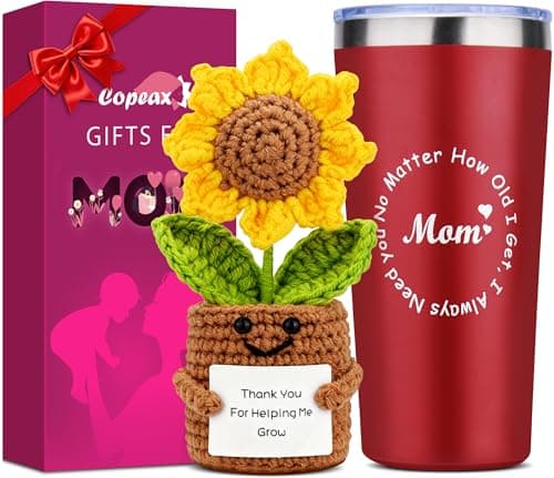 Birthday Gifts for Mom from Daughter Son,Mom Gifts Set w/Handmade Crochet Sunflower & Insulated Tumbler,Cool Women Gifts Ideas for Mothers Day,Unique Presents for Mom,Mommy,Mother in Law - Image 1