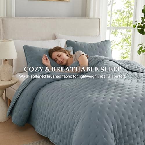 WDCOZY Dusty Blue Cloud King Size Quilt Set, Tan Lightweight Farmhouse Bedspread, Rustic Country Coverlet, Taupe Camel Soft Bedding, Thin Comforter for All Season - 3 Pieces, 104x90 inches - Thumbnail 2