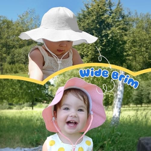 Baby Sun Hat Toddler Girl Beach Hat Adjustable Outdoor Summer Hat UPF 50+ Sun Protection Wide Brim Infant Kids (US, Age, 6 Months, 24 Months, Pink/White) - Thumbnail 4