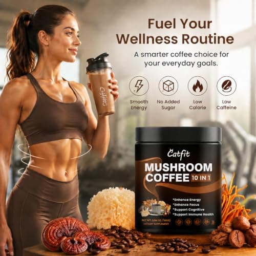 Catfit Mushroom Coffee, Instant Mushroom Coffee 10-in-1 Adaptogen Blend with Lion's Mane, Chaga & Cordyceps for Energy, Focus, Gut Health & Immune Support - 160g, 50 Servings - Thumbnail 5