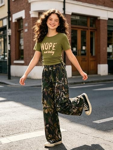 AMAWMW Girls Clothes Summer Outfits Short Sleeve Letter Print Ruched Tops and Cargo Pants Set Teen Clothing Army Green 15-16Y - Thumbnail 2