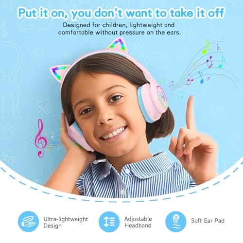 LOBKIN Kids Bluetooth Headphones,Over Ear Kids Headphones Wireless with Mic 50H Playtime Colorful LED Lights AUX Cord 94dB Safe Volume Limited Foldable Design for Boy Girl Travel/School/iPad - Thumbnail 4
