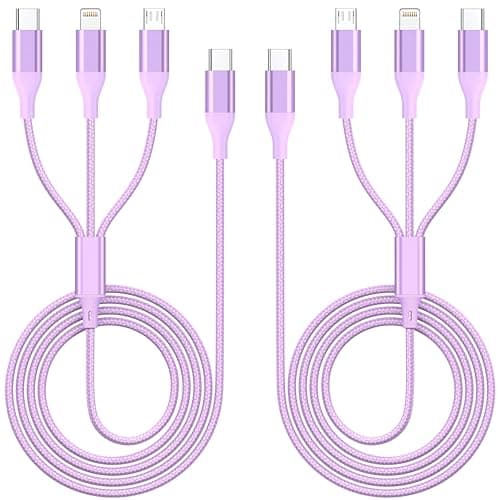 ShSiXin 3 in 1 Multi Charging Cable for Multiple Devices with USB-C/IP/Micro Port, USB Cable iPhone Charger Cord, Travel Car Charger Cord for iPhone17-8, Galaxy 25 Android iPad, 2Pack 4FT-Purple
