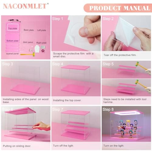 Naconmlet Pink Wood Base Acrylic Display Case for Collectibles, 6-Tier Clear Display Box with Steps for Funko Pop & Action Figures, Dustproof Showcase Organizer, 19.7x12.6x16.5 Inches - Thumbnail 6
