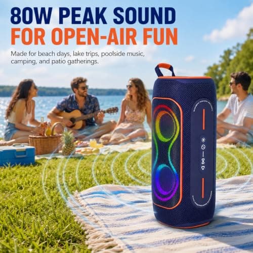 Musibaby 80W Bluetooth Speaker, Loud Portable Wireless Speaker with Deep Bass, Waterproof Outdoor Speaker with RGB Lights for Camping, Beach & Party, 24H Playtime, BT5.3, Dual Pairing - Thumbnail 2