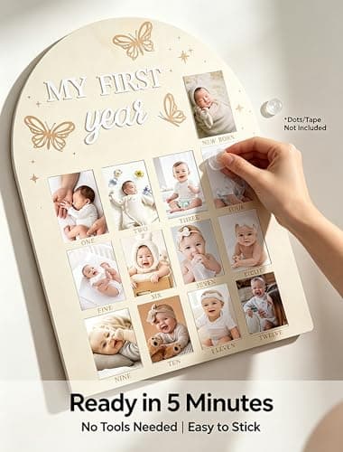 My First Year Photo Frame, Wooden Milestone Keepsake with Pre-marked 12 Monthly Infant Development Picture Slots, Wall Mountable Photo Board for Baby 1st Birthday Celebration, Lovely Shower Gift - Thumbnail 3
