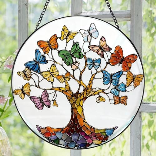 Zizzie Stained Glass Tree of Life Suncatcher - 7.9" Real Glass Blue Butterfly Leaves Window Hanging, Weatherproof Spiritual Rebirth Decor, Sympathy Memorial Healing Gift for Mom Women - Thumbnail 2