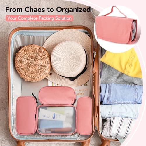Idcymoul Travel Toiletry Bag 5-Piece Kit, Hanging Toiletries Bag+TSA Approved Cosmetic Bag+Jewelry Bag+ Brush Bag+Cable Bag, Professional Travel Essentials Accessories Organizer for Women- Pink - Thumbnail 5