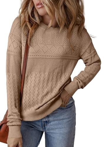 SHEWIN Womens Fall Fashion 2025 Long Sleeve Sweater Crewneck Knit Tops Lightweight Pullover Jumpers Crochet Sweaters for Women, Light Beige, L