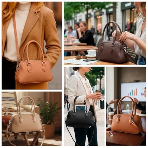 Genuine Leather Handbags Purse for Women Small Tote with Zipper, Top Handle Satchel Cross Body Bag Structured Organizer for Light Travel Everyday Carry Coffee Brown - Thumbnail 2