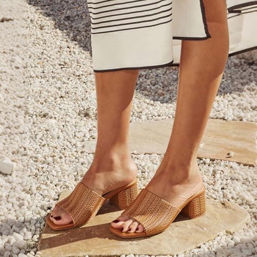 MeiLuSi Womens Raffia Slide Sandals Chunky Block Heels Square Open Toe Summer Sandals Vacation Dressy Shoes Beach Slides Slip On Raffia Brown Size 6 - Thumbnail 4