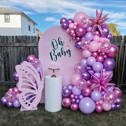 Pink and Purple Balloons Arch Kit, 140Pcs Metallic Rose Light Purple Pink Balloon Garland Arch Kit Confetti Balloons with Stars for Wedding Bridal Shower Butterfly Birthday Party Decorations - Thumbnail 2